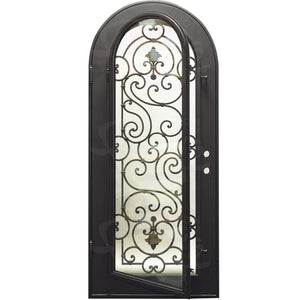 Single entryway door with a full length pane of glass behind intricate iron detailing and a thick iron frame. Door is thermally broken to protect from extreme weather.