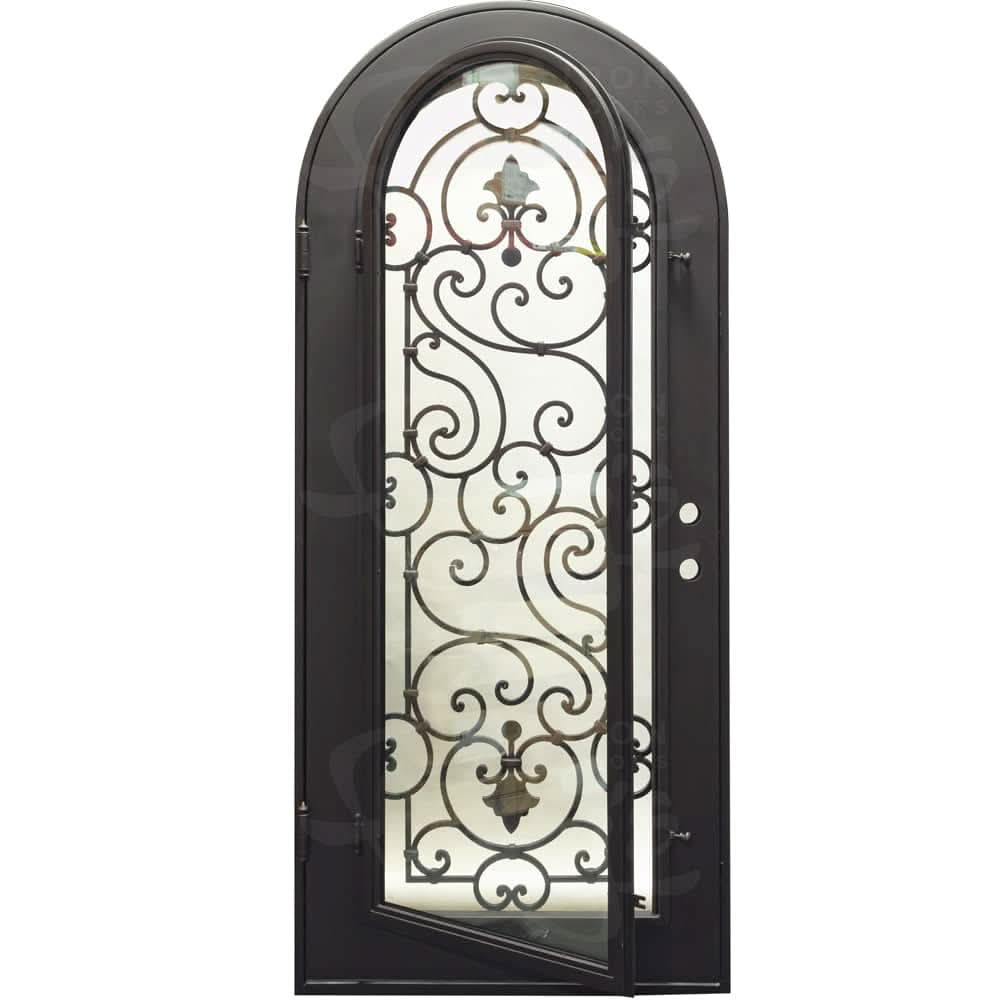 Shavo single full arch exterior door for cold weather with hand forged design.