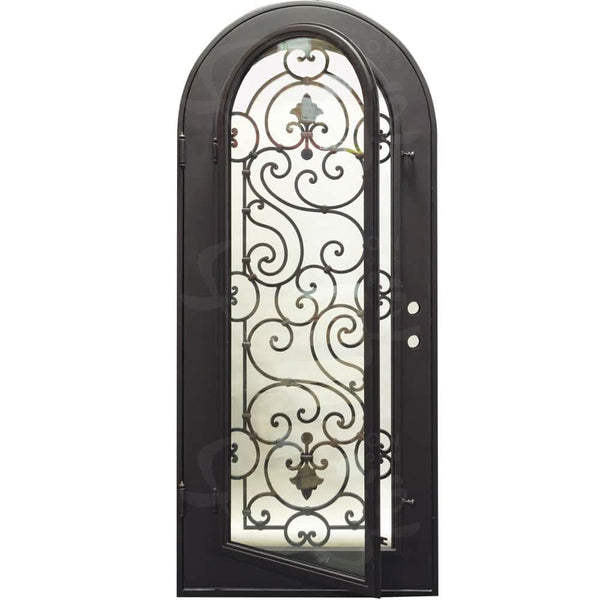 Shavo single full arch exterior door for cold weather with hand forged design.