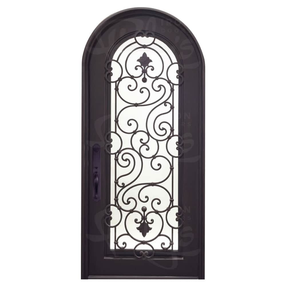 Shavo bronze color architectural iron single round top door with energy efficient glass.