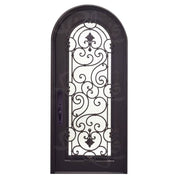 Shavo bronze color architectural iron single round top door with energy efficient glass.