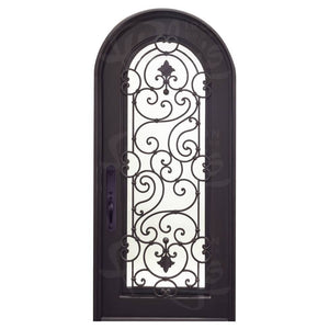 Single entryway door with a full length pane of glass behind intricate iron detailing and a thick iron frame. Door is thermally broken to protect from extreme weather.