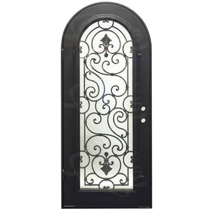 Single entryway door with a full length panel of glass behind intricate iron detailing.