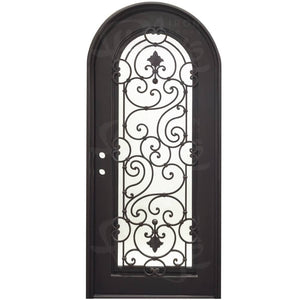 Single entryway door with a full length pane of glass behind intricate iron detailing and a thick iron frame. Door is thermally broken to protect from extreme weather.