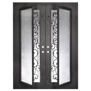 Double entryway doors made with a thick iron frame and two full glass panels behind intricate iron detailing. Doors are thermally broken to protect from extreme weather.