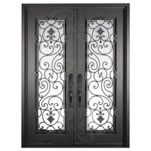 Load image into Gallery viewer, Double entryway doors made with a thick iron frame and two full glass panels behind intricate iron detailing. Doors are thermally broken to protect from extreme weather.