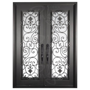Double entryway doors made with a thick iron frame and two full glass panels behind intricate iron detailing. Doors are thermally broken to protect from extreme weather.