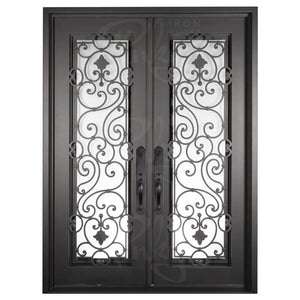 Double entryway doors made with a thick iron frame and two full glass panels behind intricate iron detailing. Doors are thermally broken to protect from extreme weather.