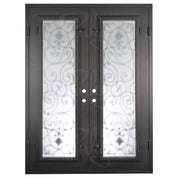 Shavo black exterior wrought iron double flat top entry door.