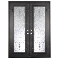 Double entryway doors made with a thick iron frame and two full glass panels behind intricate iron detailing. Doors are thermally broken to protect from extreme weather.