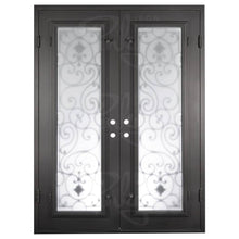 Load image into Gallery viewer, Double entryway doors made with a thick iron frame and two full glass panels behind intricate iron detailing. Doors are thermally broken to protect from extreme weather.
