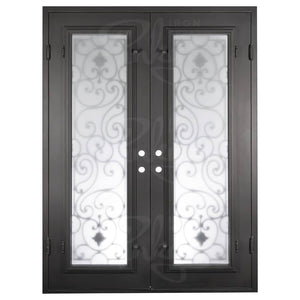 Double entryway doors made with a thick iron frame and two full glass panels behind intricate iron detailing. Doors are thermally broken to protect from extreme weather.