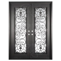 Double entryway doors made with a thick iron frame and two full glass panels behind intricate iron detailing. Doors are thermally broken to protect from extreme weather.