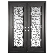 Load image into Gallery viewer, Double entryway doors made with a thick iron frame and two full glass panels behind intricate iron detailing. Doors are thermally broken to protect from extreme weather.