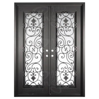 Double entryway doors made with a thick iron frame and two full glass panels behind intricate iron detailing. Doors are thermally broken to protect from extreme weather.