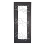 Standard Black exterior metal flat top single front door with glass accents.