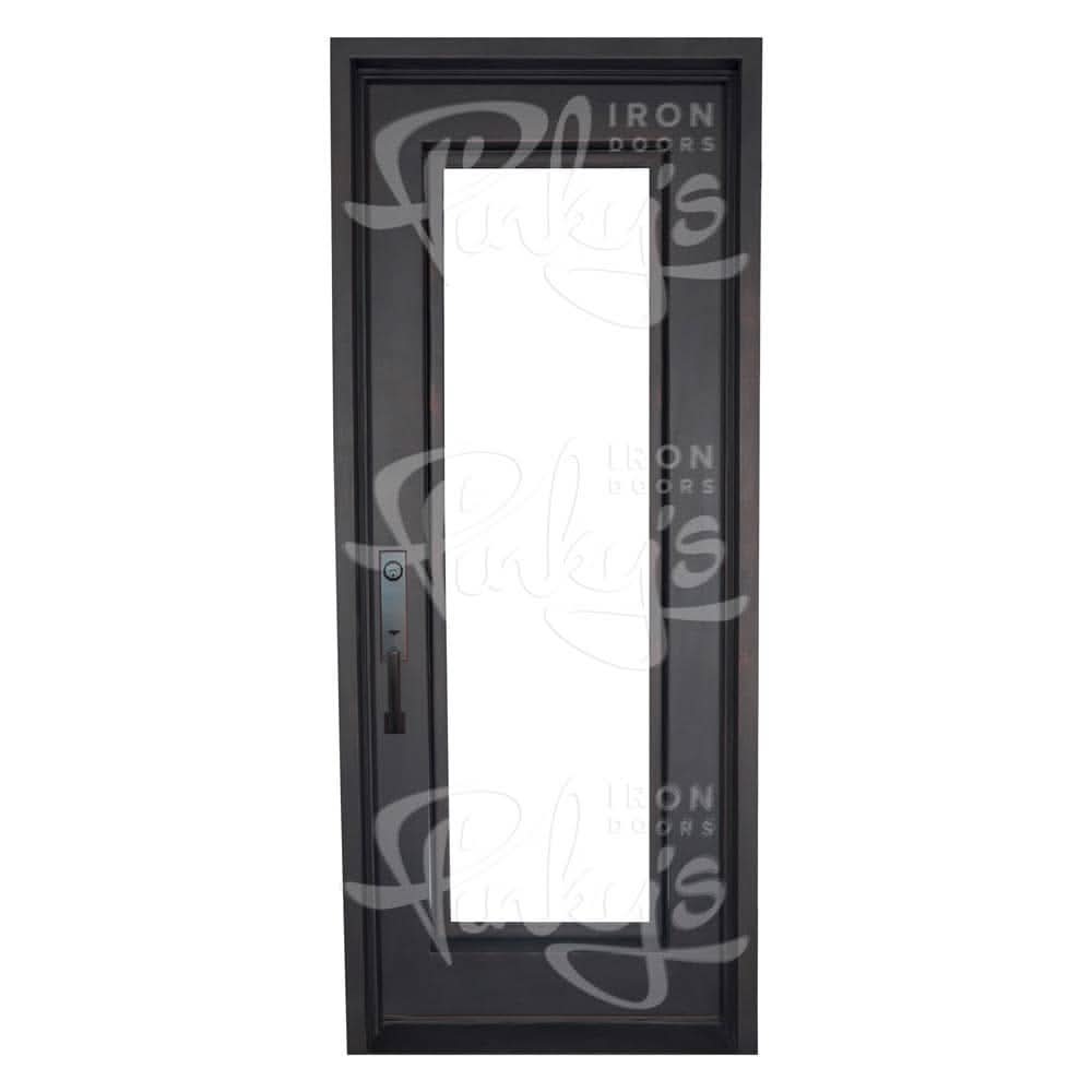 Standard Pre-hung bronze color wrought iron door with operable glass panel.