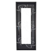 Standard Pre-hung bronze color wrought iron door with operable glass panel.