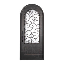 Load image into Gallery viewer, Single entryway door made of iron and steel. Door features a kickplate, a 3/4 glass panel behind iron detailing and a full arch. Door is thermally broken to protect from extreme weather.