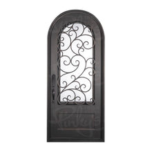 Load image into Gallery viewer, Single entryway door with a panel of glass behind iron detailing.