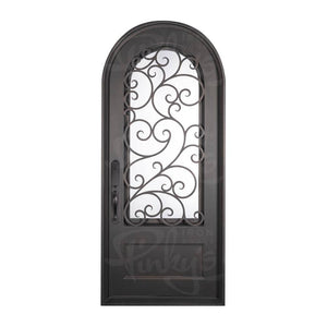 Single entryway door with a panel of glass behind iron detailing.