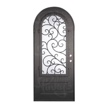 Load image into Gallery viewer, Single entryway door made of iron and steel. Door features a kickplate, a 3/4 glass panel behind iron detailing and a full arch. Door is thermally broken to protect from extreme weather.