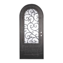 Load image into Gallery viewer, Single entryway door with a panel of glass behind iron detailing.