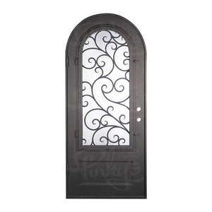 Single entryway door with a panel of glass behind iron detailing.