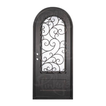 Load image into Gallery viewer, Single entryway door with a panel of glass behind iron detailing.