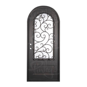 Single entryway door with a panel of glass behind iron detailing.