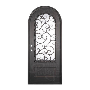 Single entryway door made of iron and steel. Door features a kickplate, a 3/4 glass panel behind iron detailing and a full arch. Door is thermally broken to protect from extreme weather.