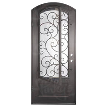 Load image into Gallery viewer, Single entryway door with a panel of glass behind iron detailing.