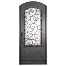 Load image into Gallery viewer, Single entryway door with a 3/4 length pane of glass behind intricate iron detailing. Door features a slight arch and is thermally broken to protect from extreme weather.