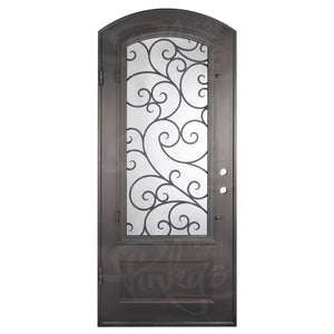 Single entryway door with a panel of glass behind iron detailing.