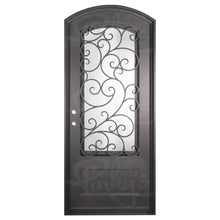 Load image into Gallery viewer, Single entryway door with a 3/4 length pane of glass behind intricate iron detailing. Door features a slight arch and is thermally broken to protect from extreme weather.