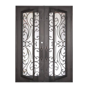 Double entryway doors with a glass panel behind intricate iron detailing. Doors are made of iron and steel and are thermally broken to protect from extreme weather.