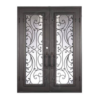 Double entryway doors made with a thick iron and steel frame. Doors feature full panel windows behind intricate iron detailing. Doors are thermally broken to protect from extreme weather.