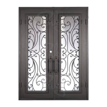 Load image into Gallery viewer, Double entryway doors made with a thick iron and steel frame. Doors feature full panel windows behind intricate iron detailing. Doors are thermally broken to protect from extreme weather.