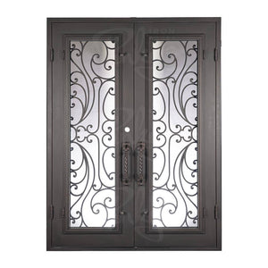 Double entryway doors made with a thick iron and steel frame. Doors feature full panel windows behind intricate iron detailing. Doors are thermally broken to protect from extreme weather.