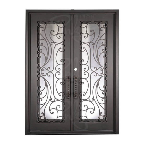 Sunset with Handgrip bronze color exterior iron double square top hinged door with glass.