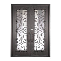 Double entryway doors with a panel of glass behind iron detailing.