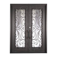 Double entryway doors made with a thick iron and steel frame. Doors feature full panel windows behind intricate iron detailing. Doors are thermally broken to protect from extreme weather.