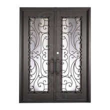 Load image into Gallery viewer, Double entryway doors with a glass panel behind intricate iron detailing. Doors are made of iron and steel and are thermally broken to protect from extreme weather.