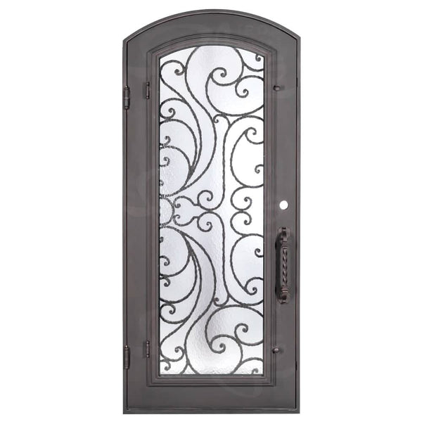 Sunset with Handgrip single soft arch top single door with ornate metalwork in bronze.