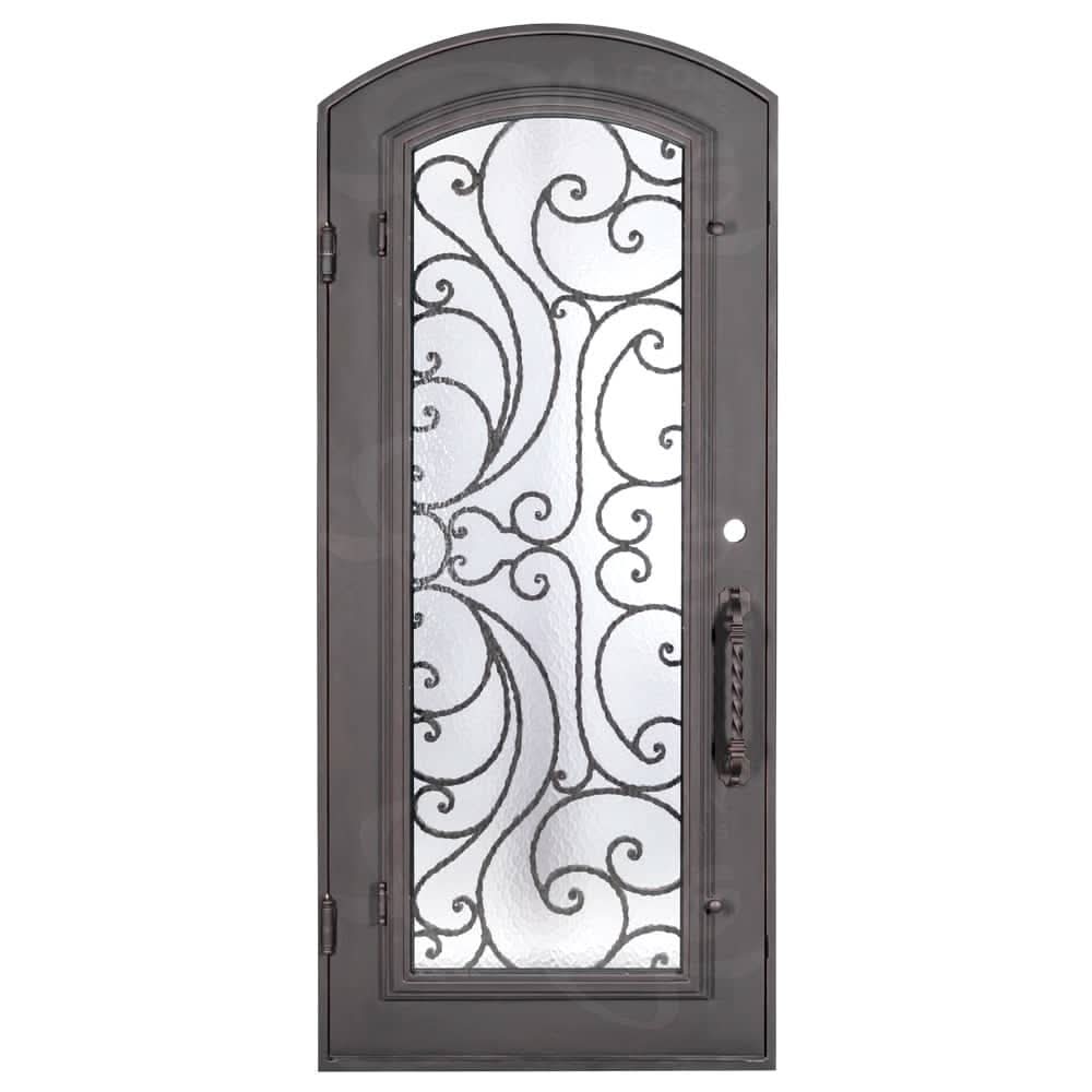 Sunset with Handgrip arch top single swing door for cold climates in black finish.