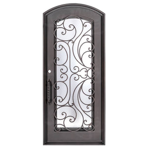 Single entryway door with a full length pane of glass behind intricate iron detailing. Door features a slight arch and is thermally broken to protect from extreme weather.