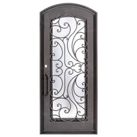 Single entryway door with a panel of glass behind iron detailing.