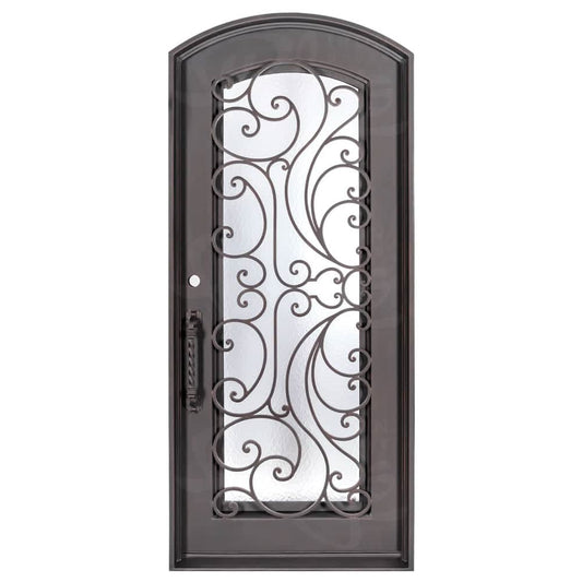 Single entryway door with a panel of glass behind iron detailing.
