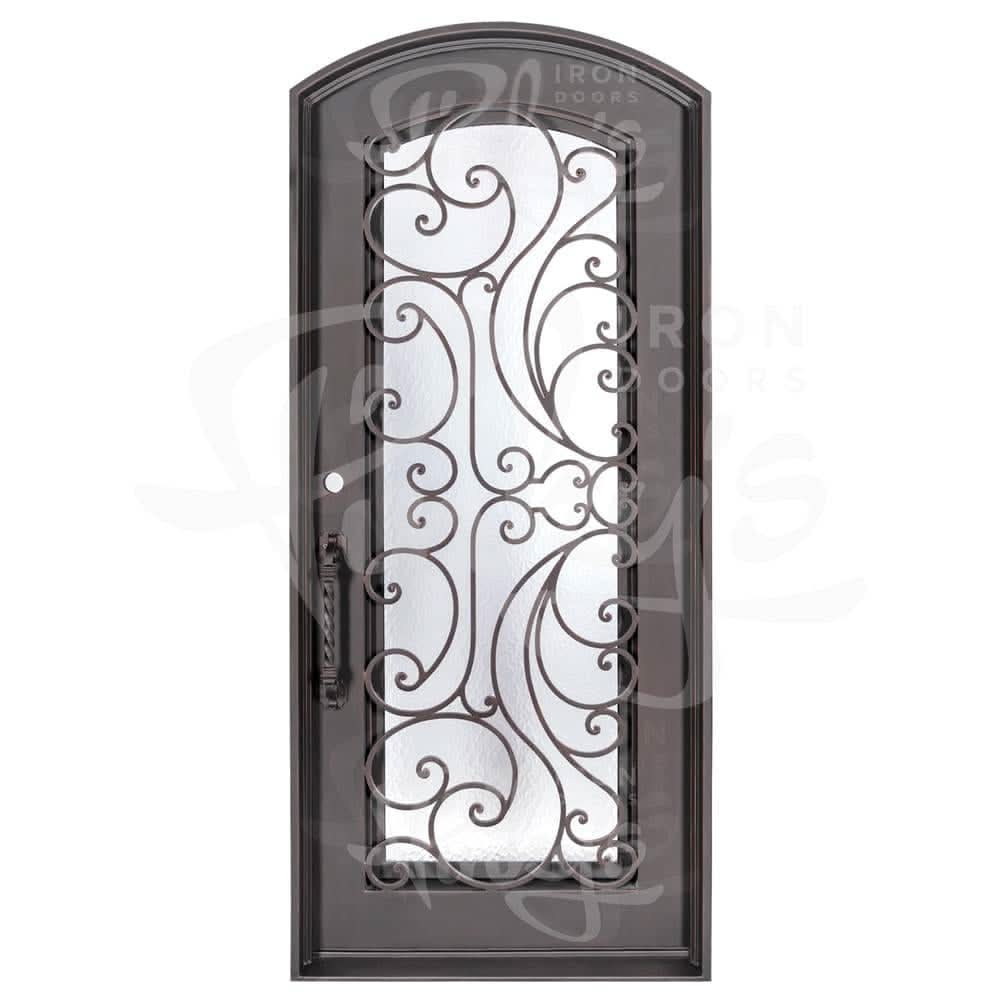 Sunset with Handgrip curved top metal swinging door for cold weather in bronze finish.