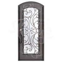 Single entryway door with a full length pane of glass behind intricate iron detailing. Door features a slight arch and is thermally broken to protect from extreme weather.
